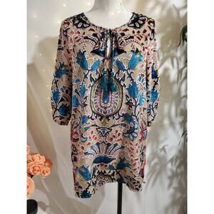 Whispers Womens Flocked Velvet Burnout Tassel Tie Tunic Top Size S Boho Hippie